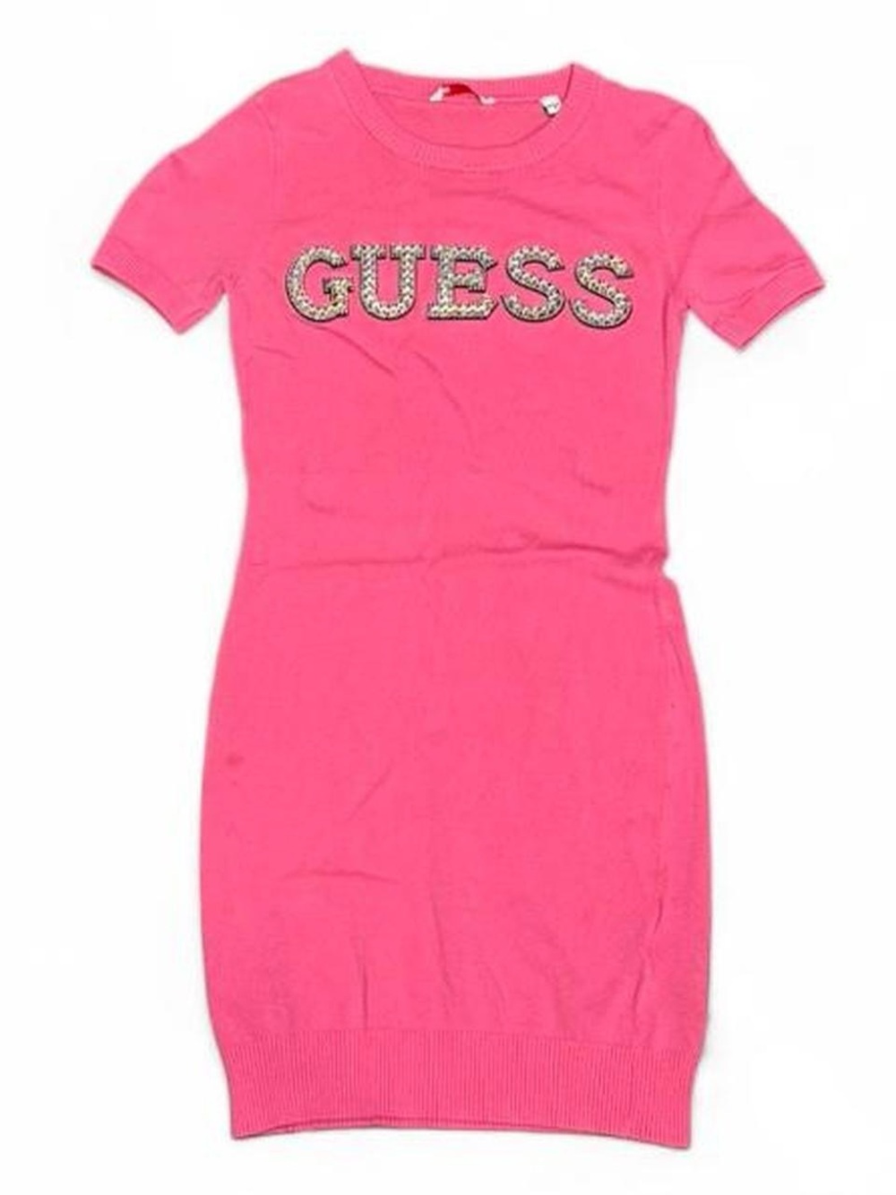 Y2K Guess Pink Rhinestone Bedazzled Logo Ribbed Knit Mini Dress